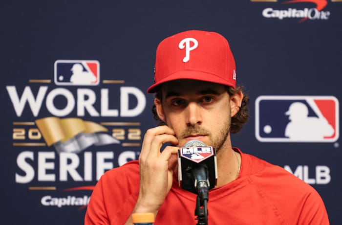 Aaron Nola takes questions at a World Series press event.